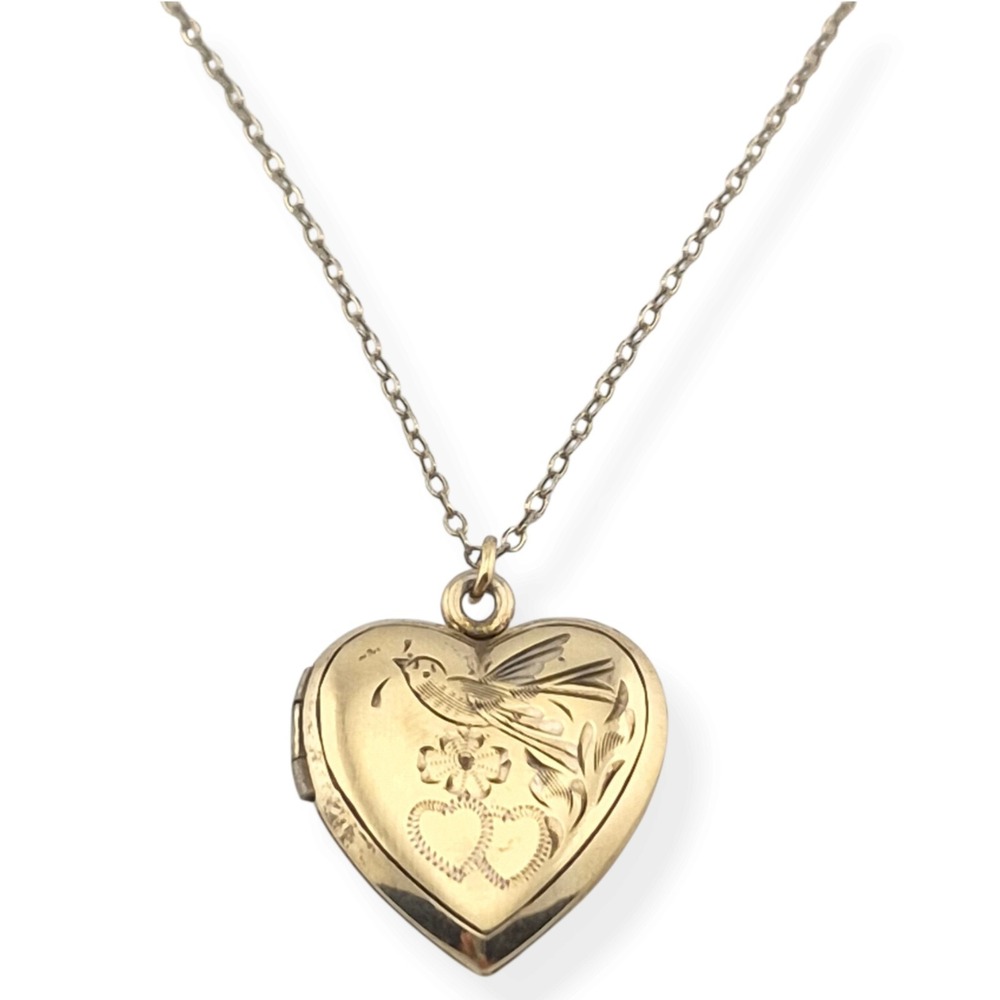 Vintage 1940s Gold Filled Heart Locket Necklace Engraved Swallow Bird 20" Chain